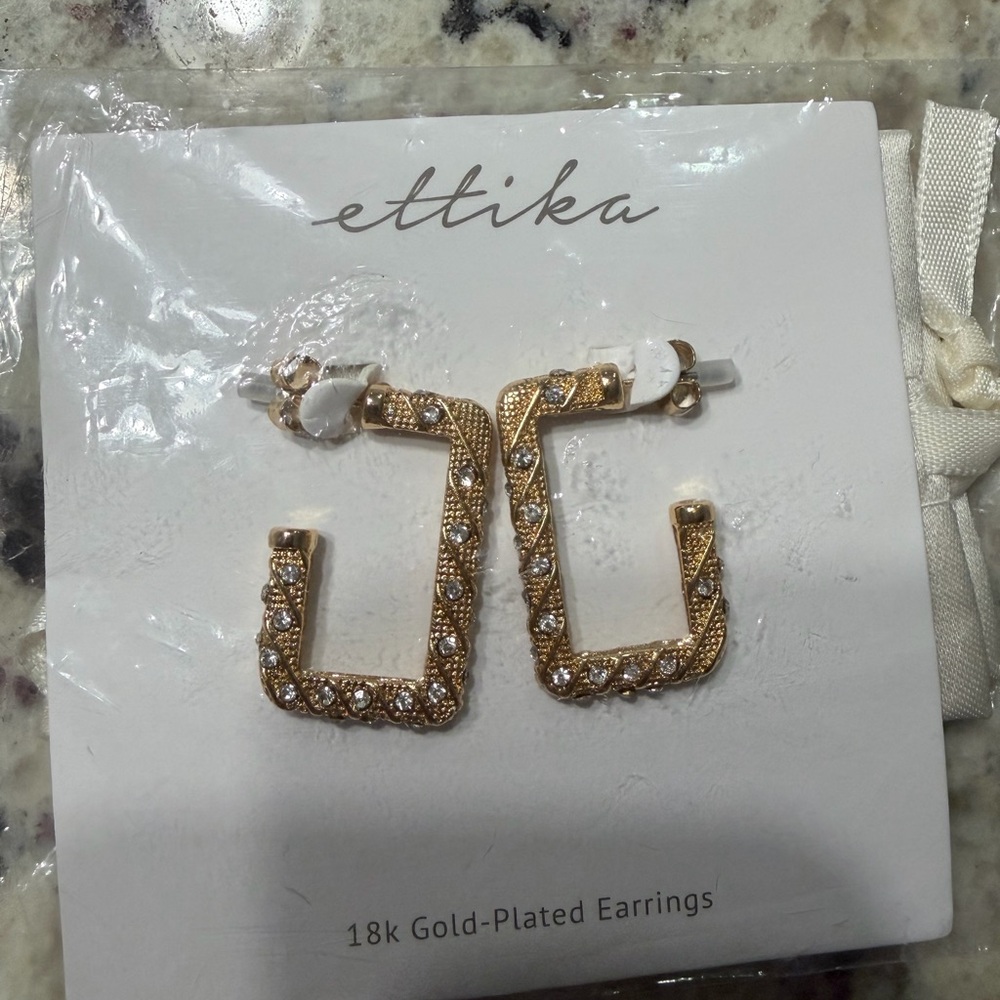 Ettika Gold and White Crystal Square Earrings New in packaging